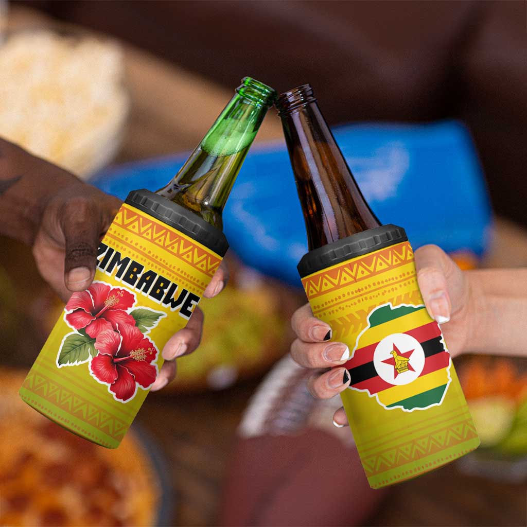 Zimbabwe Flag Map and Red Hibiscus Flowers 4 in 1 Can Cooler Tumbler with African Tribal Pattern