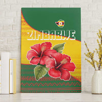Zimbabwe Flag Map and Red Hibiscus Flowers Canvas Wall Art with African Tribal Pattern