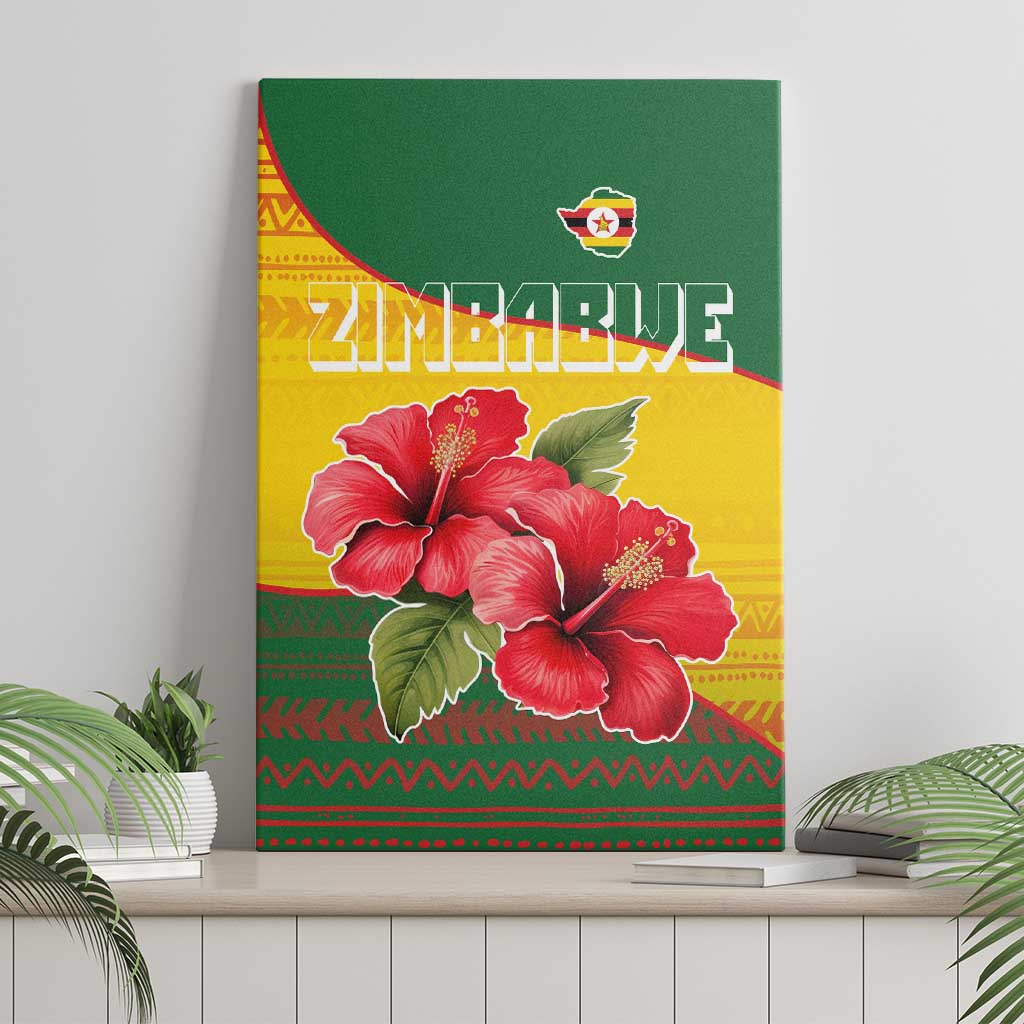 Zimbabwe Flag Map and Red Hibiscus Flowers Canvas Wall Art with African Tribal Pattern