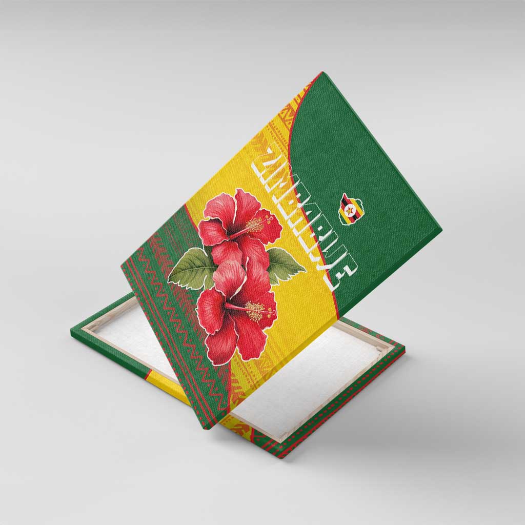 Zimbabwe Flag Map and Red Hibiscus Flowers Canvas Wall Art with African Tribal Pattern