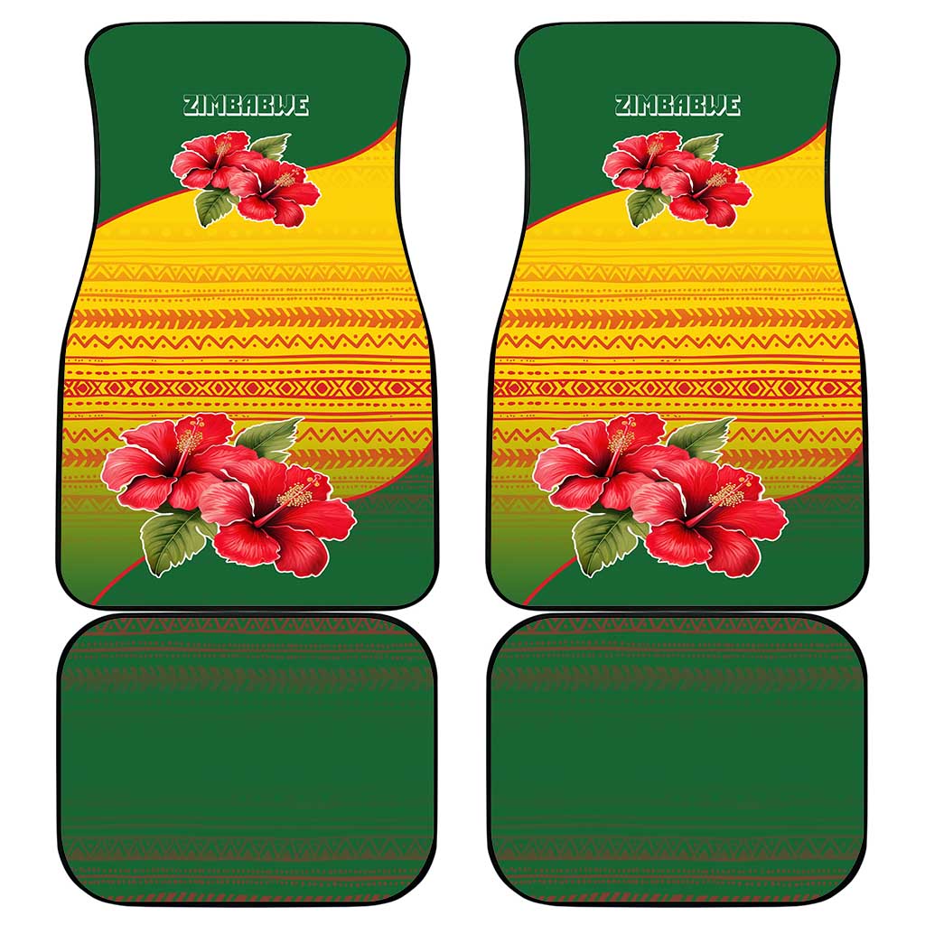 Zimbabwe Flag Map and Red Hibiscus Flowers Car Mats with African Tribal Pattern