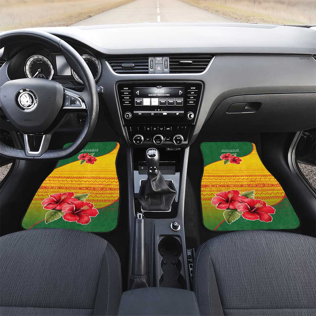 Zimbabwe Flag Map and Red Hibiscus Flowers Car Mats with African Tribal Pattern