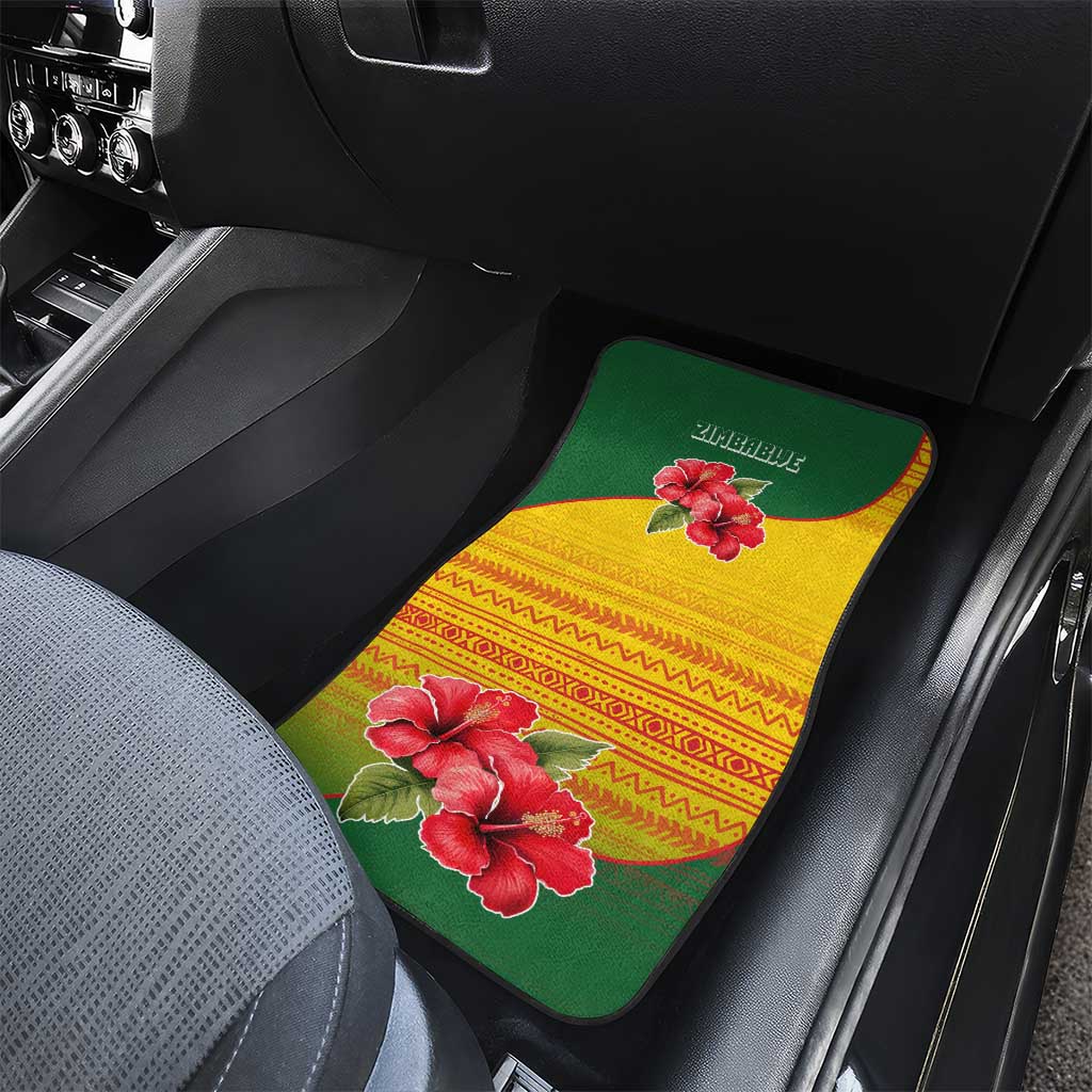 Zimbabwe Flag Map and Red Hibiscus Flowers Car Mats with African Tribal Pattern