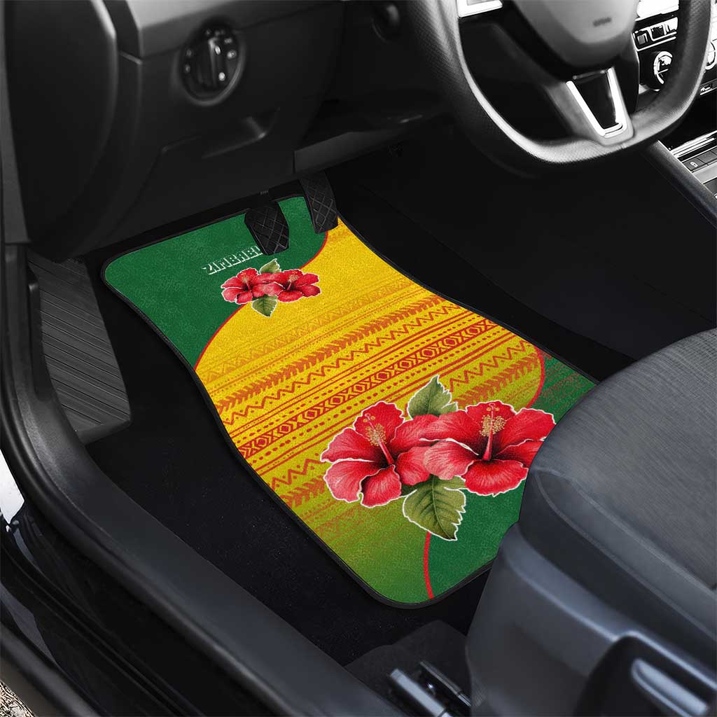 Zimbabwe Flag Map and Red Hibiscus Flowers Car Mats with African Tribal Pattern