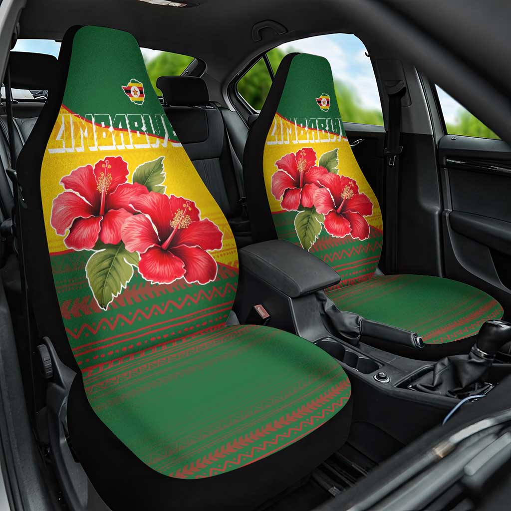 Zimbabwe Flag Map and Red Hibiscus Flowers Car Seat Cover with African Tribal Pattern
