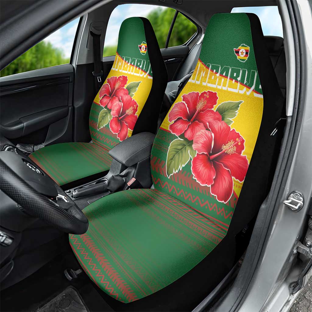 Zimbabwe Flag Map and Red Hibiscus Flowers Car Seat Cover with African Tribal Pattern