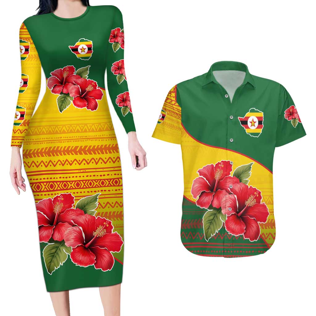 Zimbabwe Flag Map and Red Hibiscus Flowers Couples Matching Long Sleeve Bodycon Dress and Hawaiian Shirt with African Tribal Pattern