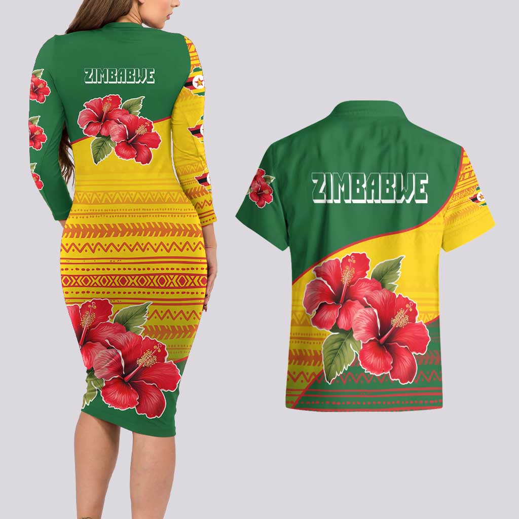 Zimbabwe Flag Map and Red Hibiscus Flowers Couples Matching Long Sleeve Bodycon Dress and Hawaiian Shirt with African Tribal Pattern