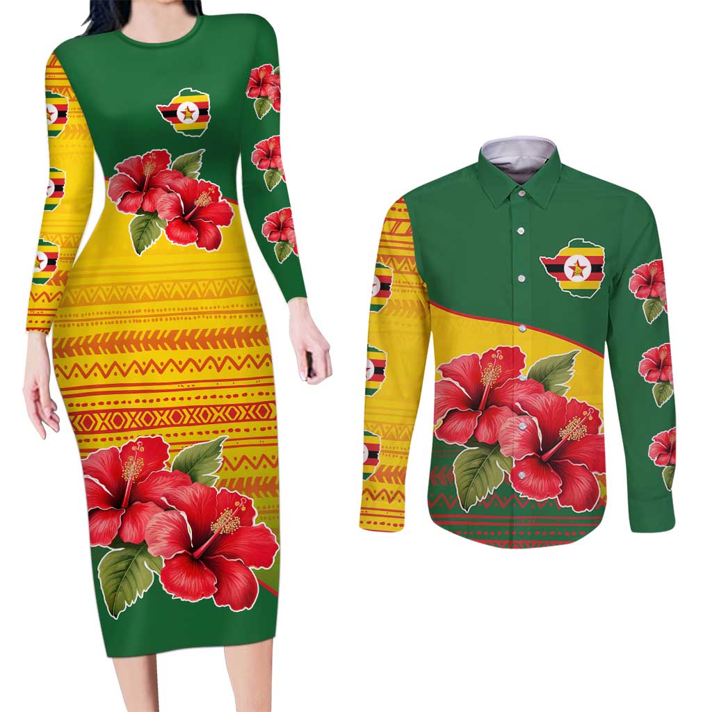 Zimbabwe Flag Map and Red Hibiscus Flowers Couples Matching Long Sleeve Bodycon Dress and Long Sleeve Button Shirt with African Tribal Pattern