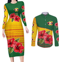 Zimbabwe Flag Map and Red Hibiscus Flowers Couples Matching Long Sleeve Bodycon Dress and Long Sleeve Button Shirt with African Tribal Pattern