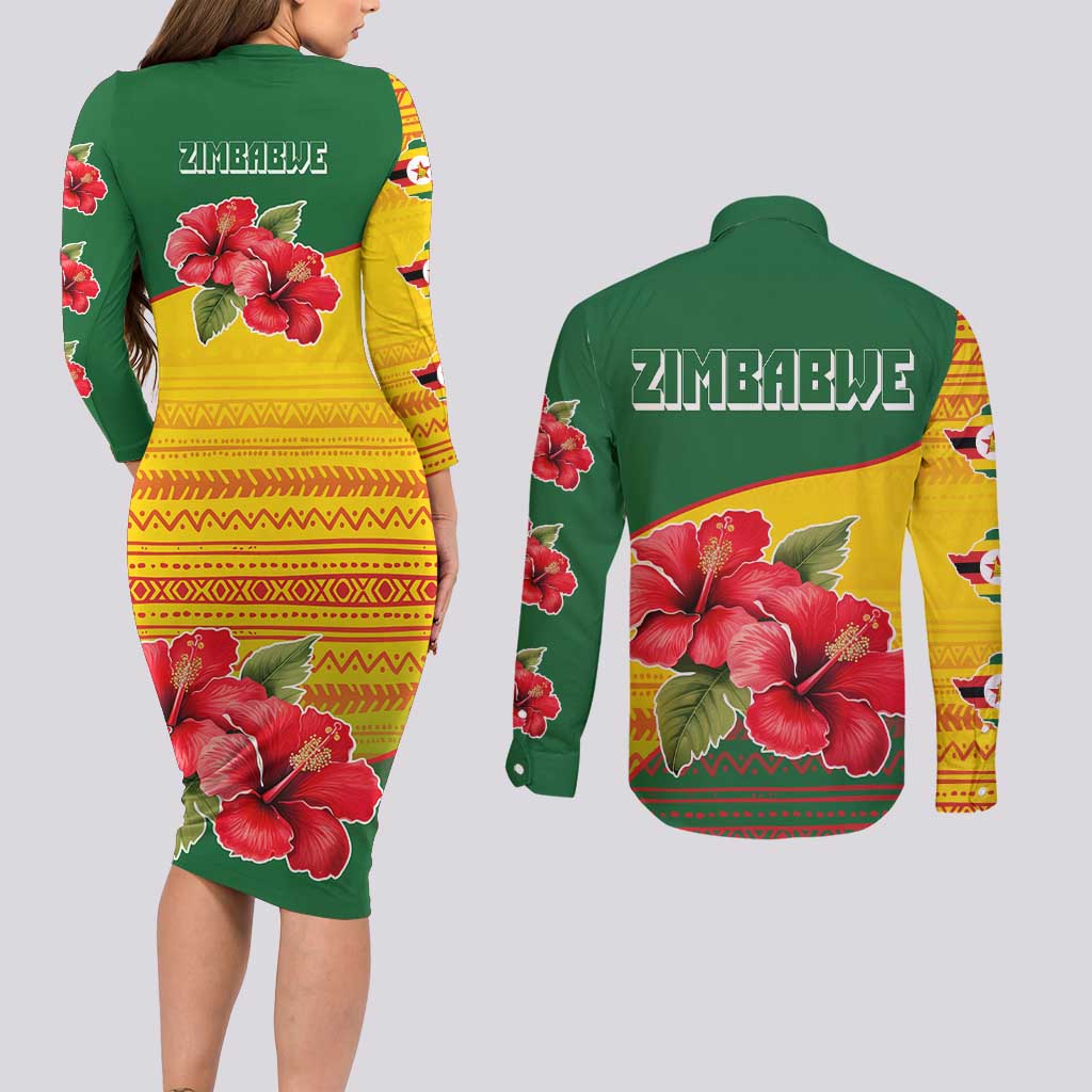 Zimbabwe Flag Map and Red Hibiscus Flowers Couples Matching Long Sleeve Bodycon Dress and Long Sleeve Button Shirt with African Tribal Pattern