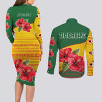 Zimbabwe Flag Map and Red Hibiscus Flowers Couples Matching Long Sleeve Bodycon Dress and Long Sleeve Button Shirt with African Tribal Pattern
