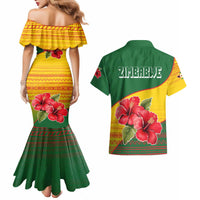 Zimbabwe Flag Map and Red Hibiscus Flowers Couples Matching Mermaid Dress and Hawaiian Shirt with African Tribal Pattern