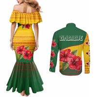 Zimbabwe Flag Map and Red Hibiscus Flowers Couples Matching Mermaid Dress and Long Sleeve Button Shirt with African Tribal Pattern