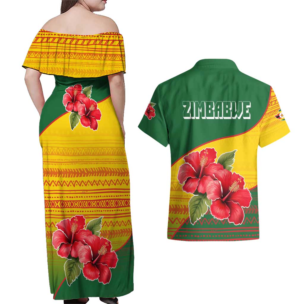 Zimbabwe Flag Map and Red Hibiscus Flowers Couples Matching Off Shoulder Maxi Dress and Hawaiian Shirt with African Tribal Pattern