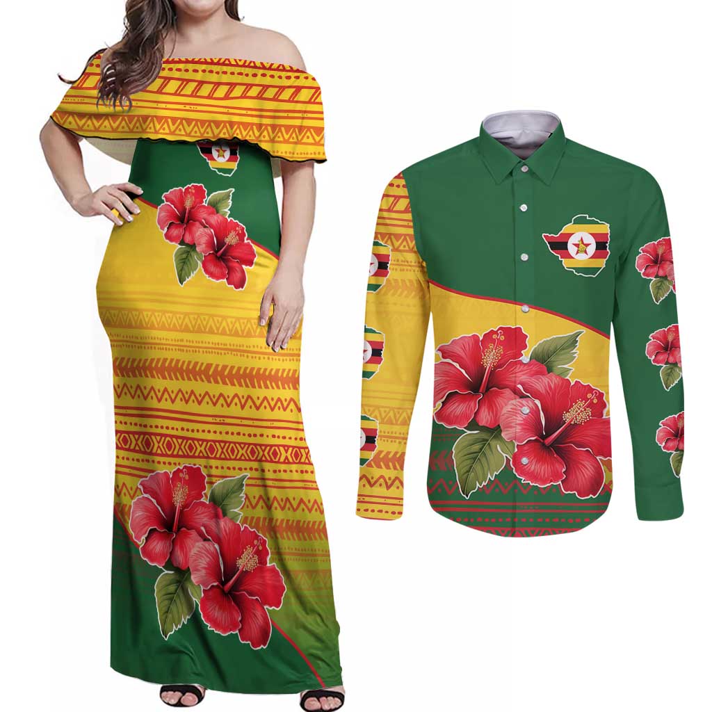Zimbabwe Flag Map and Red Hibiscus Flowers Couples Matching Off Shoulder Maxi Dress and Long Sleeve Button Shirt with African Tribal Pattern