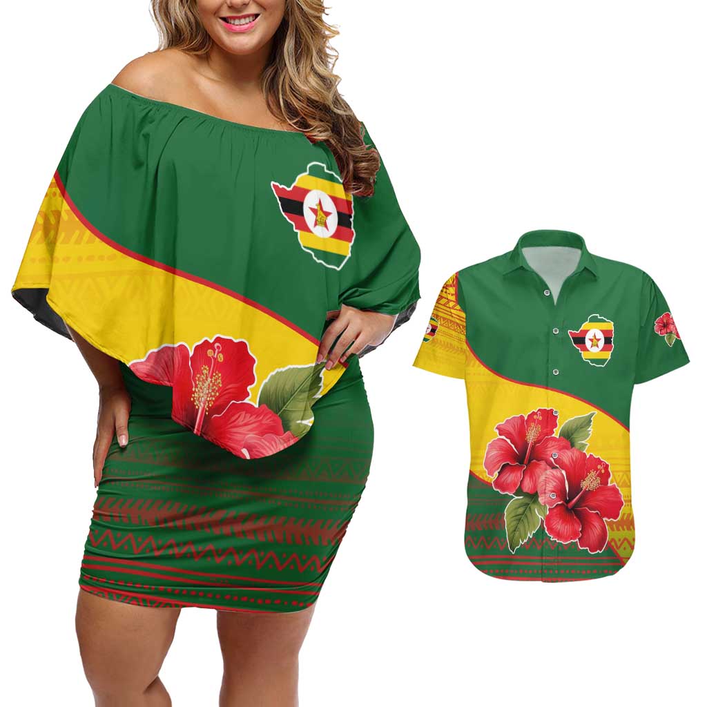 Zimbabwe Flag Map and Red Hibiscus Flowers Couples Matching Off Shoulder Short Dress and Hawaiian Shirt with African Tribal Pattern