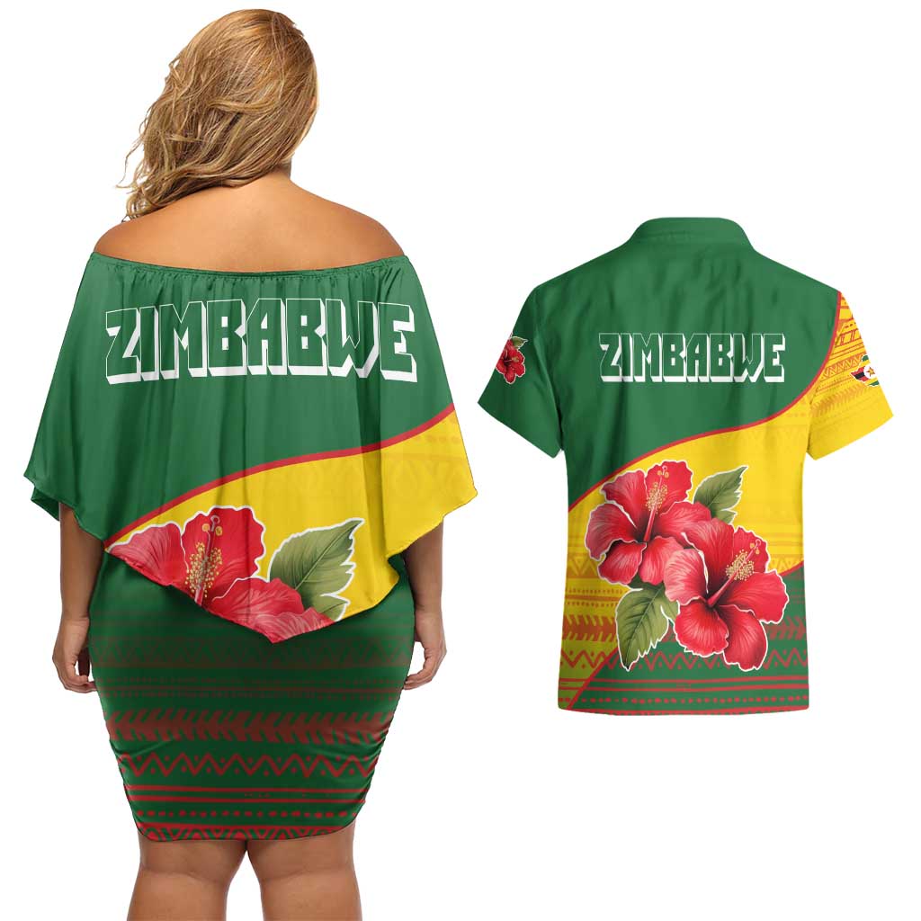 Zimbabwe Flag Map and Red Hibiscus Flowers Couples Matching Off Shoulder Short Dress and Hawaiian Shirt with African Tribal Pattern