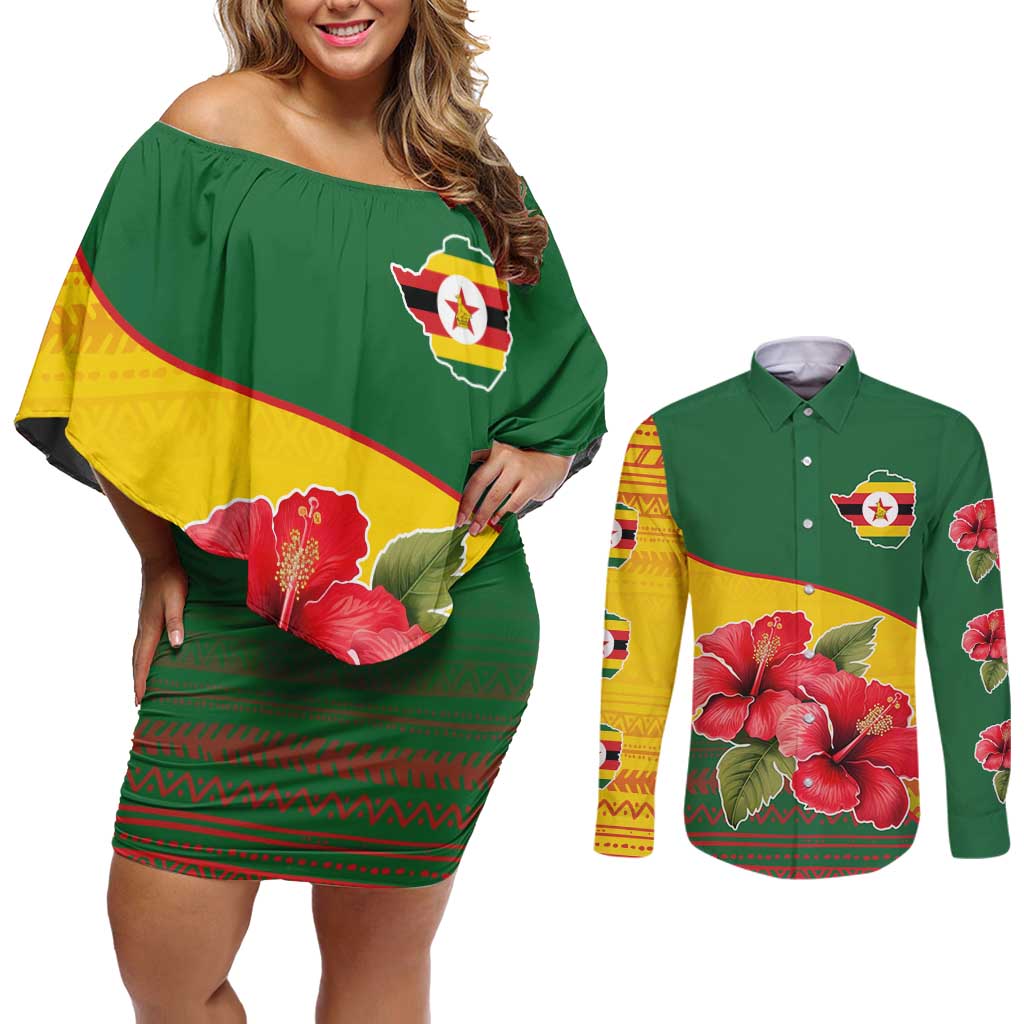 Zimbabwe Flag Map and Red Hibiscus Flowers Couples Matching Off Shoulder Short Dress and Long Sleeve Button Shirt with African Tribal Pattern