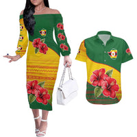 Zimbabwe Flag Map and Red Hibiscus Flowers Couples Matching Off The Shoulder Long Sleeve Dress and Hawaiian Shirt with African Tribal Pattern