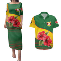 Zimbabwe Flag Map and Red Hibiscus Flowers Couples Matching Puletasi and Hawaiian Shirt with African Tribal Pattern