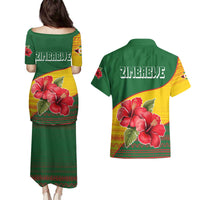 Zimbabwe Flag Map and Red Hibiscus Flowers Couples Matching Puletasi and Hawaiian Shirt with African Tribal Pattern