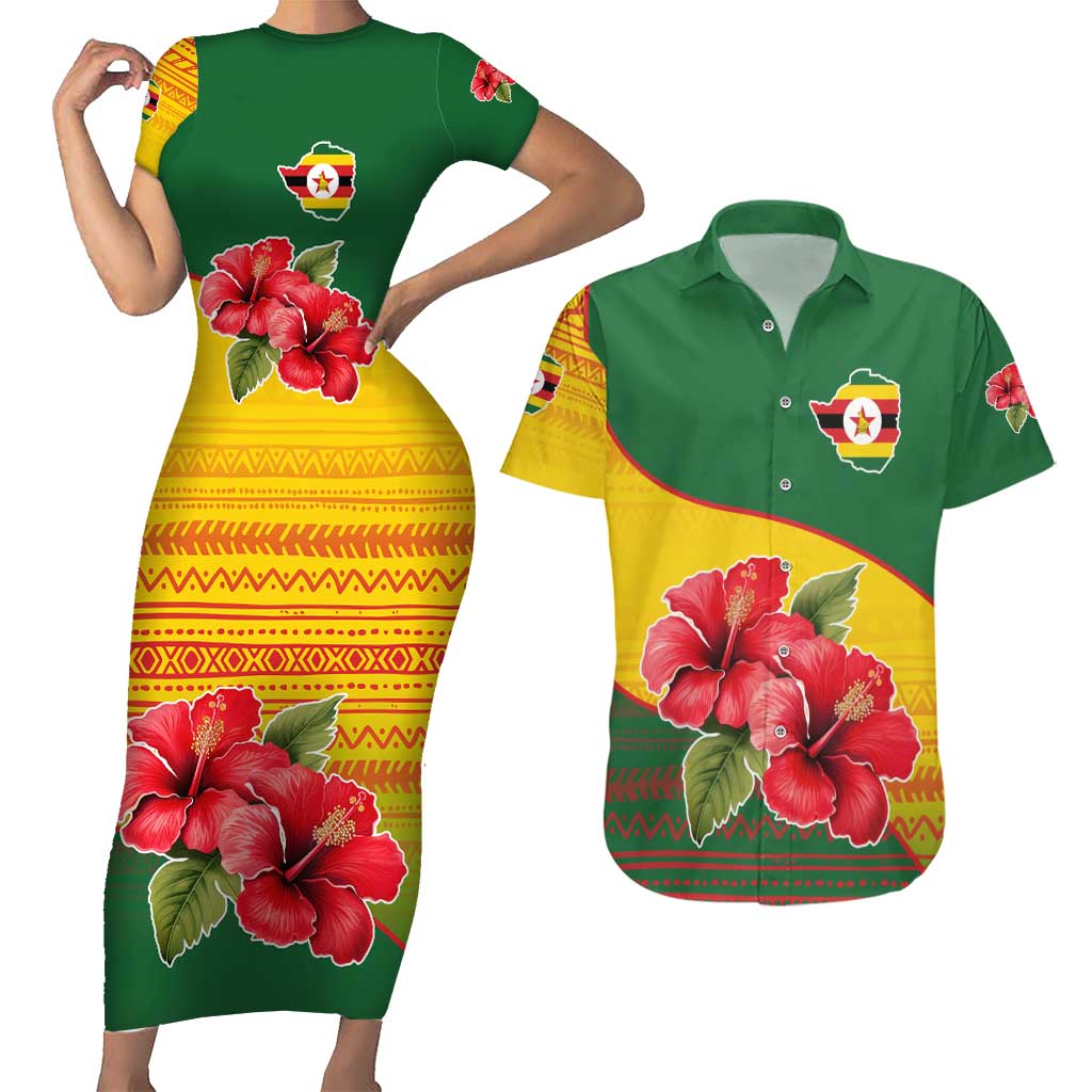 Zimbabwe Flag Map and Red Hibiscus Flowers Couples Matching Short Sleeve Bodycon Dress and Hawaiian Shirt with African Tribal Pattern