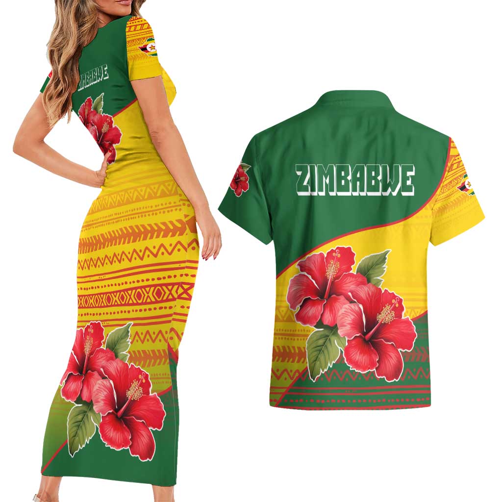 Zimbabwe Flag Map and Red Hibiscus Flowers Couples Matching Short Sleeve Bodycon Dress and Hawaiian Shirt with African Tribal Pattern
