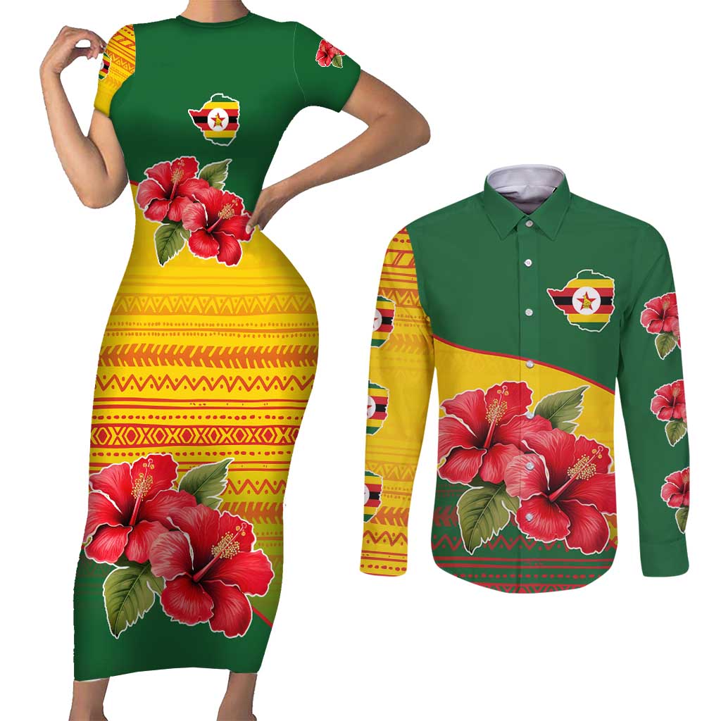 Zimbabwe Flag Map and Red Hibiscus Flowers Couples Matching Short Sleeve Bodycon Dress and Long Sleeve Button Shirt with African Tribal Pattern