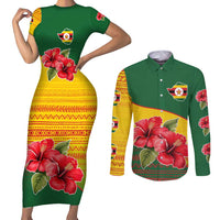 Zimbabwe Flag Map and Red Hibiscus Flowers Couples Matching Short Sleeve Bodycon Dress and Long Sleeve Button Shirt with African Tribal Pattern