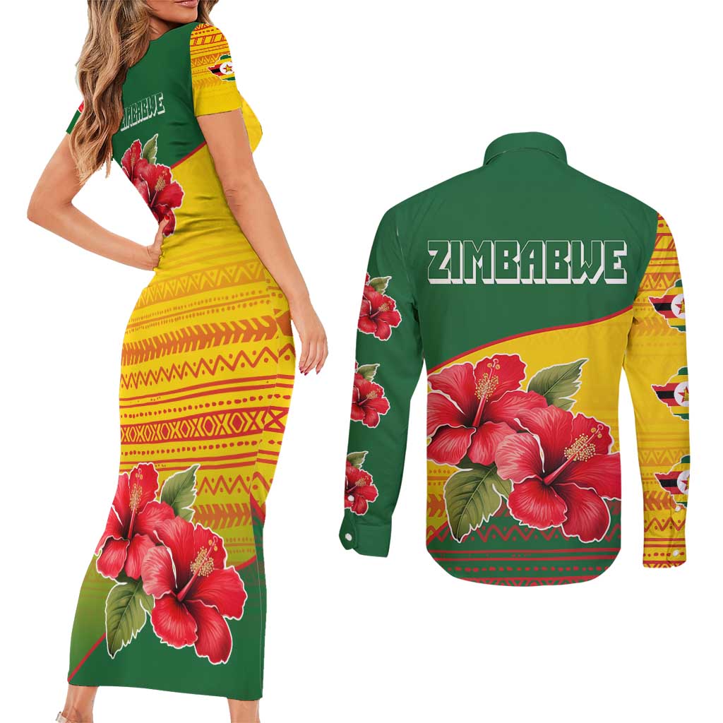Zimbabwe Flag Map and Red Hibiscus Flowers Couples Matching Short Sleeve Bodycon Dress and Long Sleeve Button Shirt with African Tribal Pattern