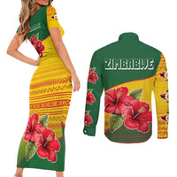 Zimbabwe Flag Map and Red Hibiscus Flowers Couples Matching Short Sleeve Bodycon Dress and Long Sleeve Button Shirt with African Tribal Pattern