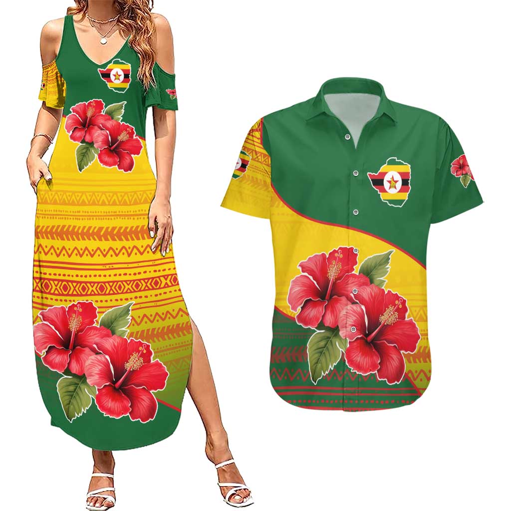Zimbabwe Flag Map and Red Hibiscus Flowers Couples Matching Summer Maxi Dress and Hawaiian Shirt with African Tribal Pattern