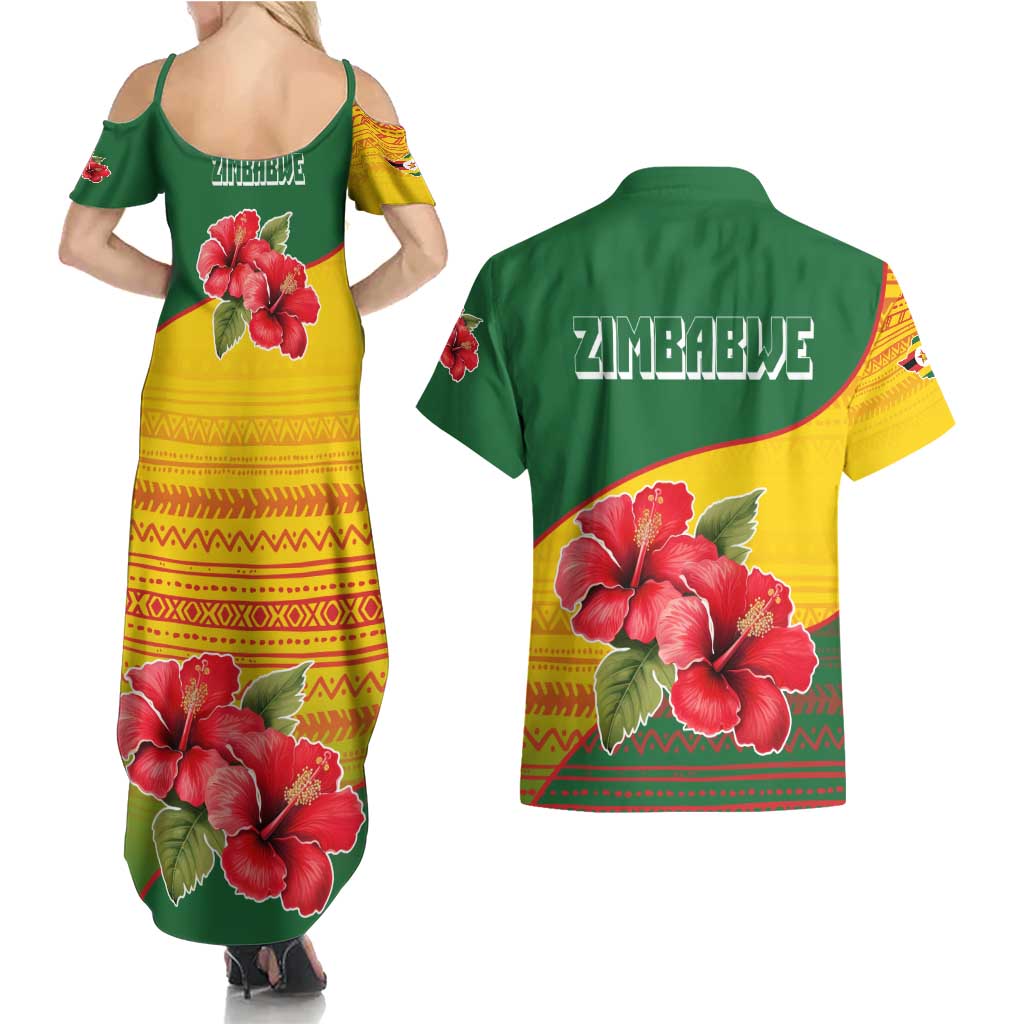 Zimbabwe Flag Map and Red Hibiscus Flowers Couples Matching Summer Maxi Dress and Hawaiian Shirt with African Tribal Pattern