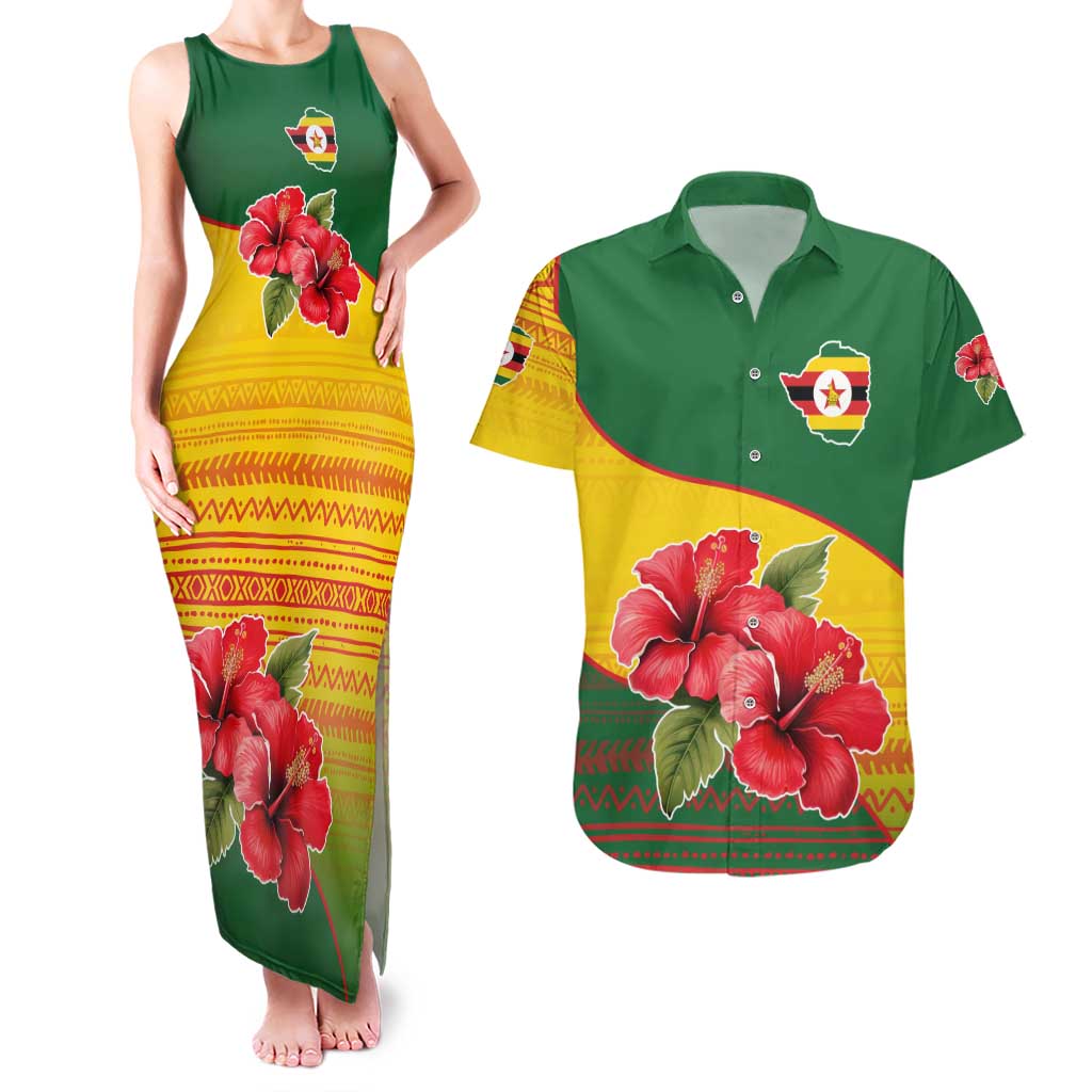 Zimbabwe Flag Map and Red Hibiscus Flowers Couples Matching Tank Maxi Dress and Hawaiian Shirt with African Tribal Pattern