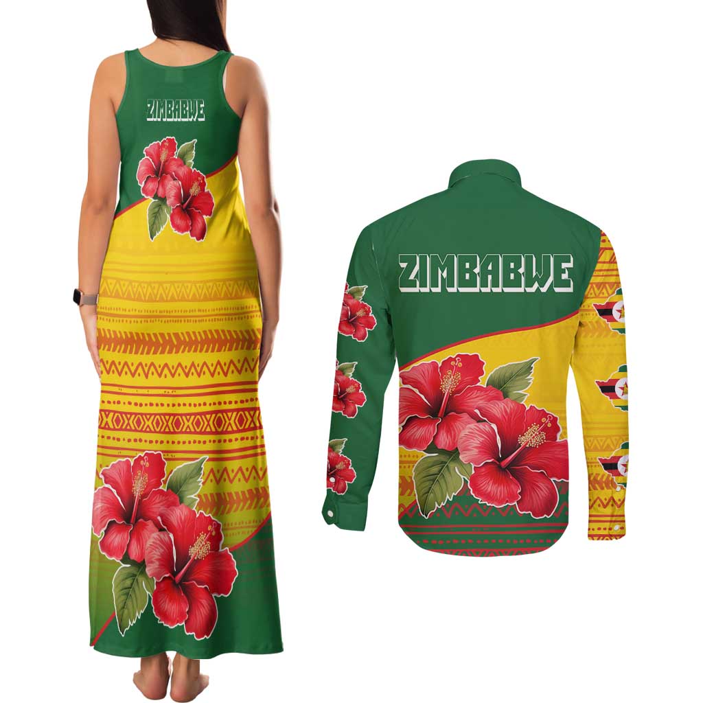Zimbabwe Flag Map and Red Hibiscus Flowers Couples Matching Tank Maxi Dress and Long Sleeve Button Shirt with African Tribal Pattern