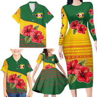Zimbabwe Flag Map and Red Hibiscus Flowers Family Matching Long Sleeve Bodycon Dress and Hawaiian Shirt with African Tribal Pattern