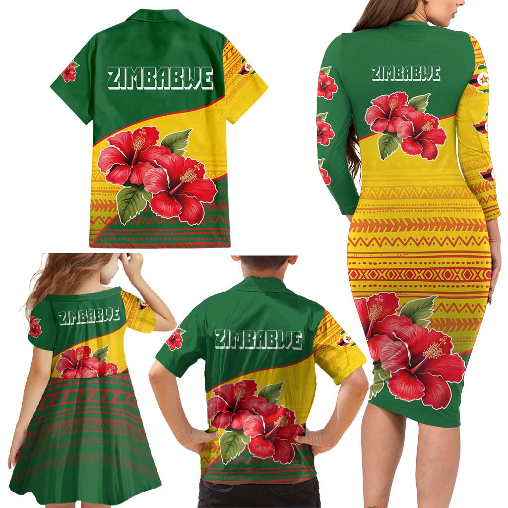 Zimbabwe Flag Map and Red Hibiscus Flowers Family Matching Long Sleeve Bodycon Dress and Hawaiian Shirt with African Tribal Pattern