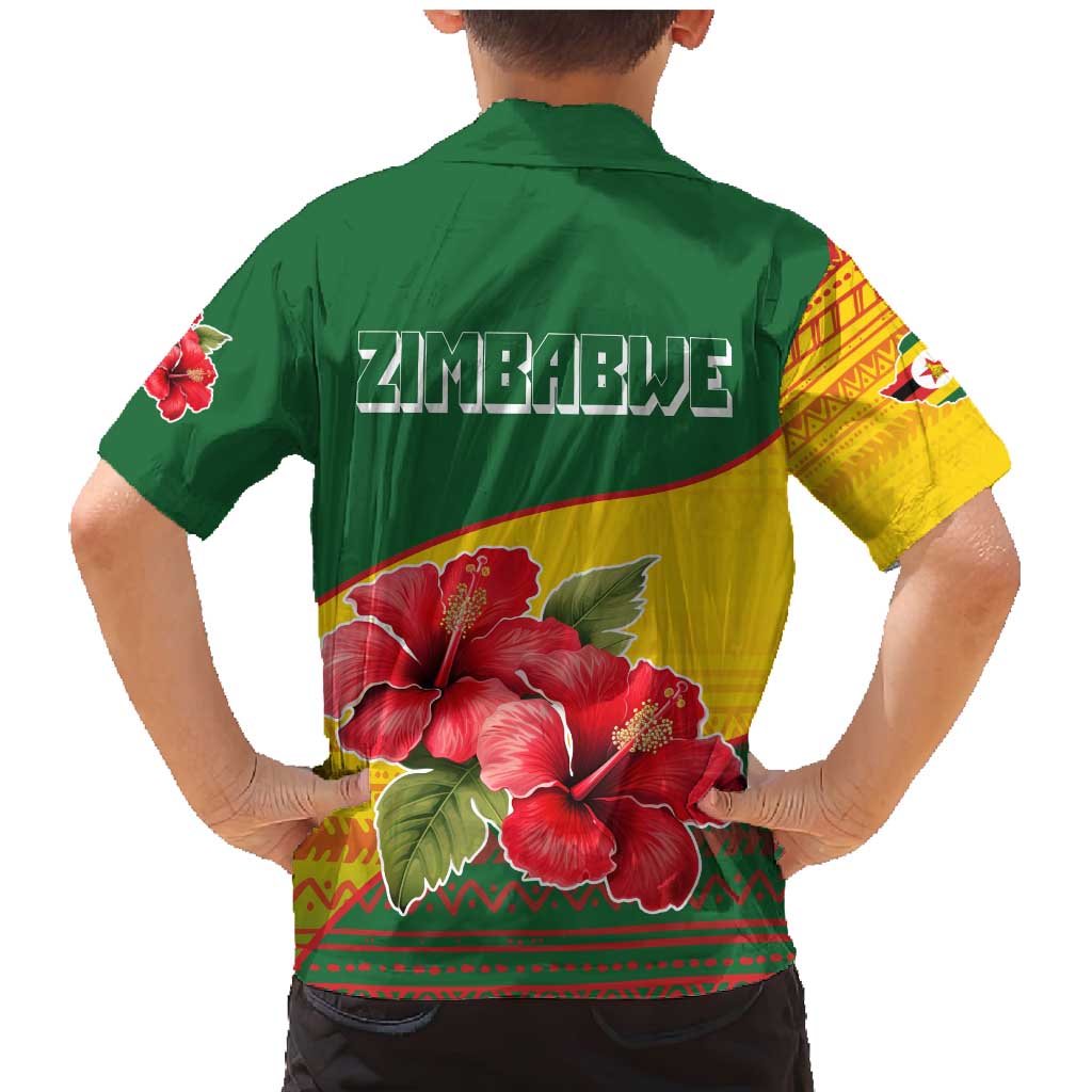 Zimbabwe Flag Map and Red Hibiscus Flowers Family Matching Mermaid Dress and Hawaiian Shirt with African Tribal Pattern