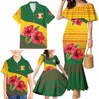 Zimbabwe Flag Map and Red Hibiscus Flowers Family Matching Mermaid Dress and Hawaiian Shirt with African Tribal Pattern
