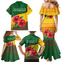 Zimbabwe Flag Map and Red Hibiscus Flowers Family Matching Mermaid Dress and Hawaiian Shirt with African Tribal Pattern