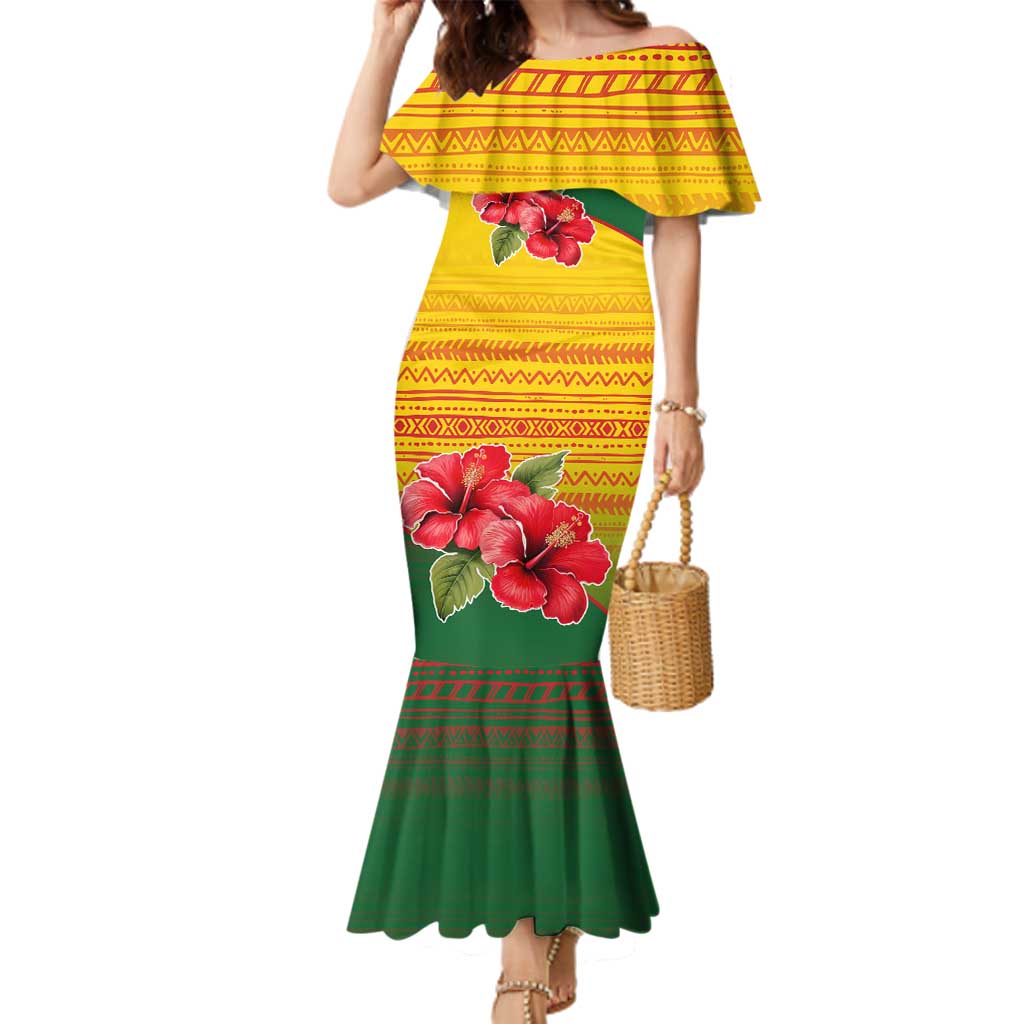 Zimbabwe Flag Map and Red Hibiscus Flowers Family Matching Mermaid Dress and Hawaiian Shirt with African Tribal Pattern