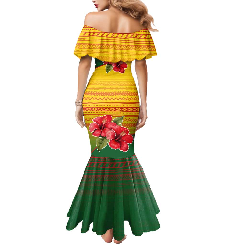 Zimbabwe Flag Map and Red Hibiscus Flowers Family Matching Mermaid Dress and Hawaiian Shirt with African Tribal Pattern