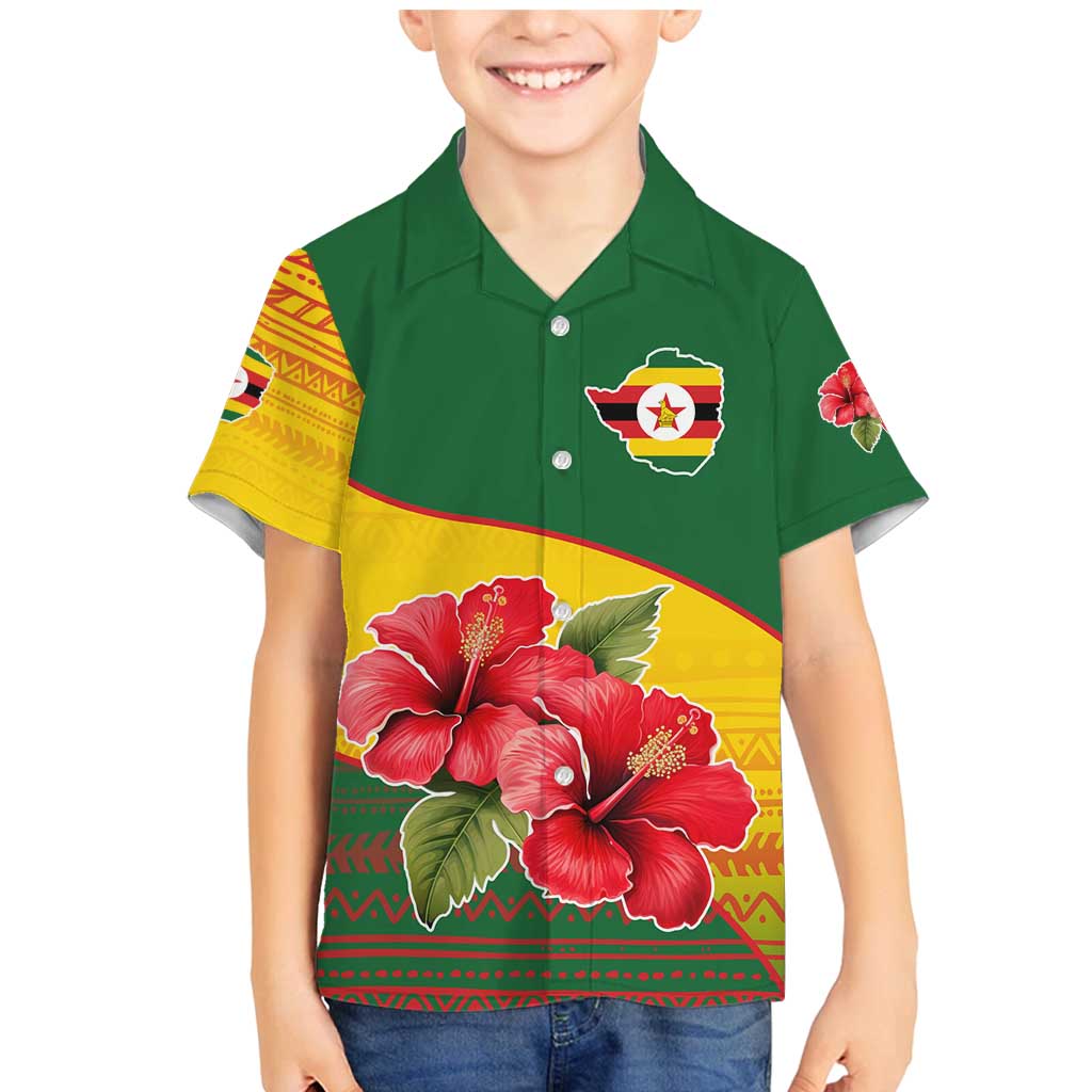 Zimbabwe Flag Map and Red Hibiscus Flowers Family Matching Mermaid Dress and Hawaiian Shirt with African Tribal Pattern