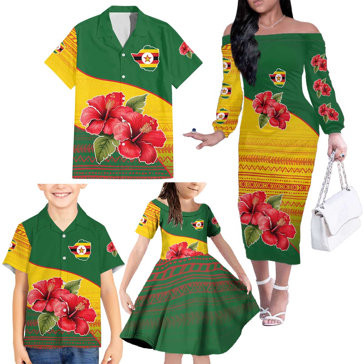 Zimbabwe Flag Map and Red Hibiscus Flowers Family Matching Off The Shoulder Long Sleeve Dress and Hawaiian Shirt with African Tribal Pattern