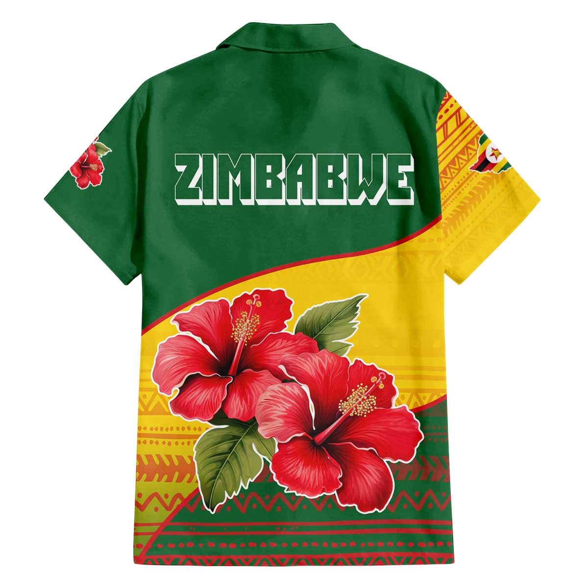 Zimbabwe Flag Map and Red Hibiscus Flowers Family Matching Off The Shoulder Long Sleeve Dress and Hawaiian Shirt with African Tribal Pattern