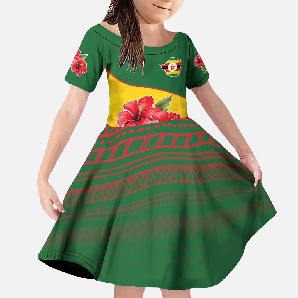 Zimbabwe Flag Map and Red Hibiscus Flowers Family Matching Off Shoulder Maxi Dress and Hawaiian Shirt with African Tribal Pattern