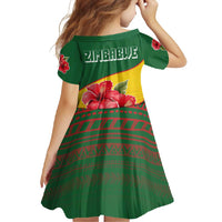 Zimbabwe Flag Map and Red Hibiscus Flowers Family Matching Off Shoulder Maxi Dress and Hawaiian Shirt with African Tribal Pattern