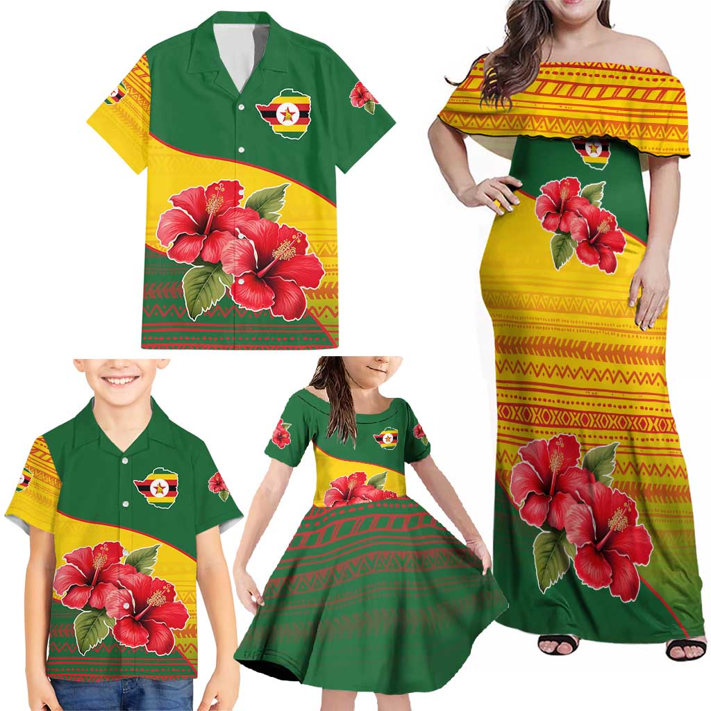 Zimbabwe Flag Map and Red Hibiscus Flowers Family Matching Off Shoulder Maxi Dress and Hawaiian Shirt with African Tribal Pattern