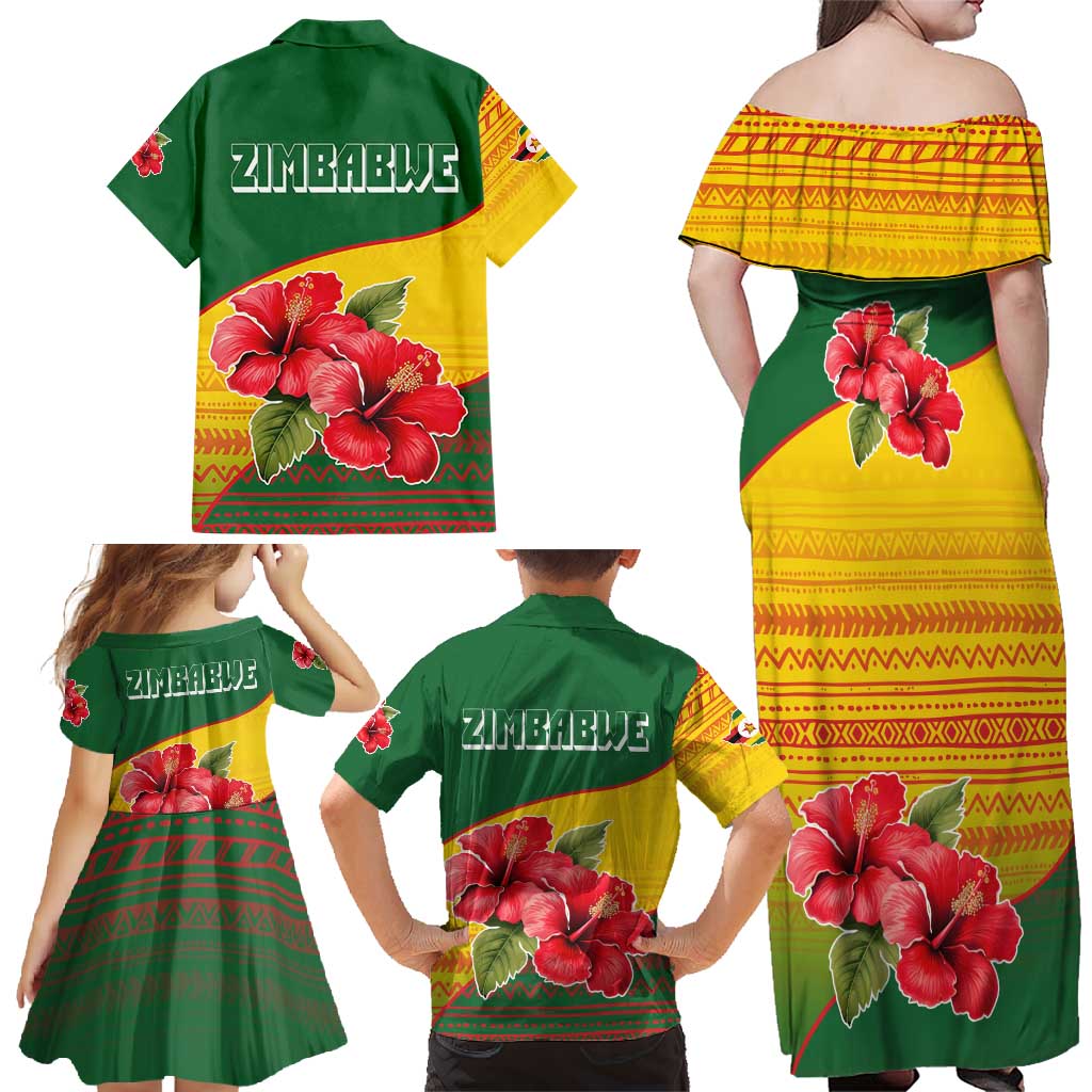 Zimbabwe Flag Map and Red Hibiscus Flowers Family Matching Off Shoulder Maxi Dress and Hawaiian Shirt with African Tribal Pattern